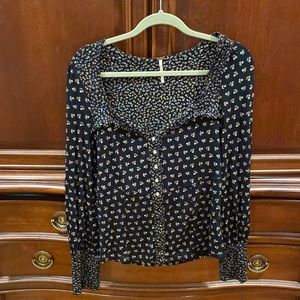 Free People stretch silky black floral top with sweetheart neckline pearl button